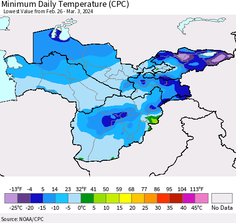 Central Asia Minimum Daily Temperature (CPC) Thematic Map For 2/26/2024 - 3/3/2024