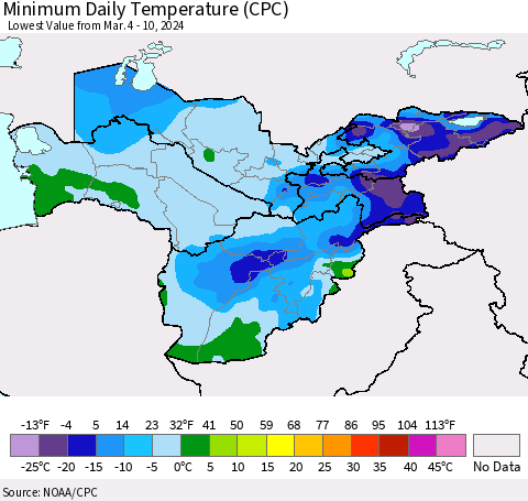 Central Asia Minimum Daily Temperature (CPC) Thematic Map For 3/4/2024 - 3/10/2024