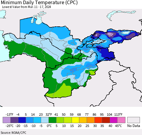 Central Asia Minimum Daily Temperature (CPC) Thematic Map For 3/11/2024 - 3/17/2024