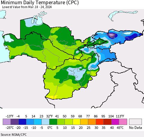 Central Asia Minimum Daily Temperature (CPC) Thematic Map For 3/18/2024 - 3/24/2024