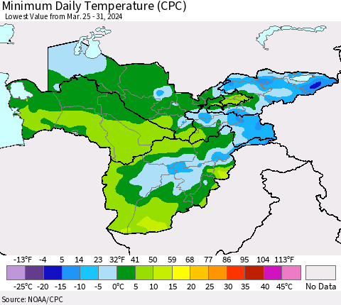 Central Asia Minimum Daily Temperature (CPC) Thematic Map For 3/25/2024 - 3/31/2024