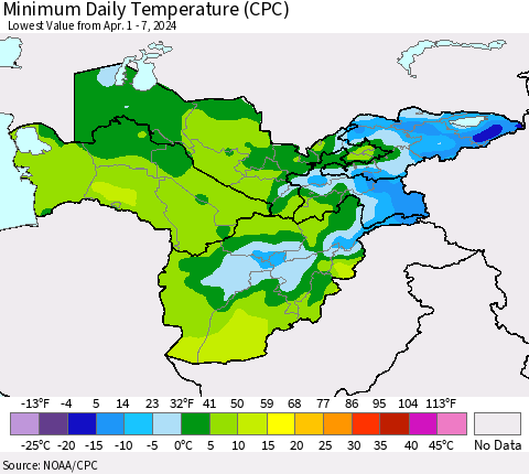 Central Asia Minimum Daily Temperature (CPC) Thematic Map For 4/1/2024 - 4/7/2024