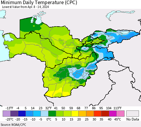 Central Asia Minimum Daily Temperature (CPC) Thematic Map For 4/8/2024 - 4/14/2024
