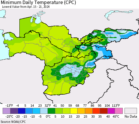 Central Asia Minimum Daily Temperature (CPC) Thematic Map For 4/15/2024 - 4/21/2024