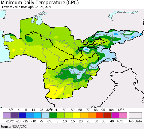 Central Asia Minimum Daily Temperature (CPC) Thematic Map For 4/22/2024 - 4/28/2024