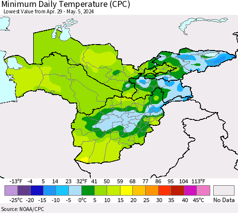 Central Asia Minimum Daily Temperature (CPC) Thematic Map For 4/29/2024 - 5/5/2024