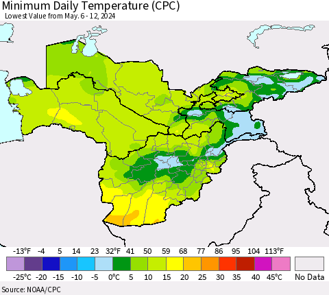 Central Asia Minimum Daily Temperature (CPC) Thematic Map For 5/6/2024 - 5/12/2024