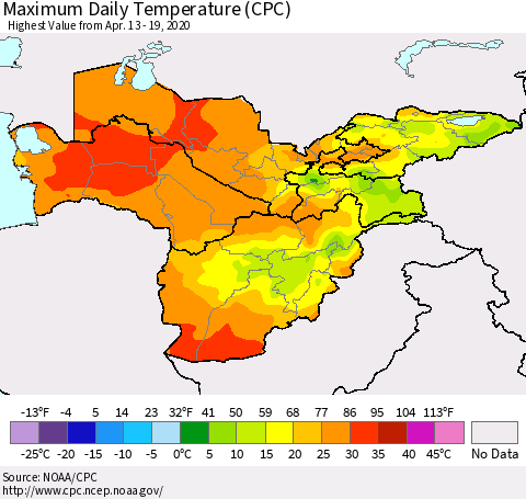 Central Asia Maximum Daily Temperature (CPC) Thematic Map For 4/13/2020 - 4/19/2020