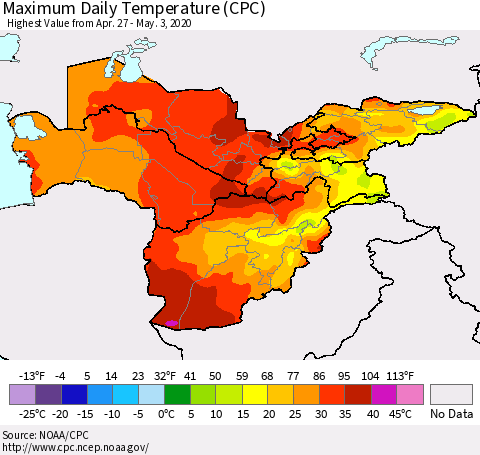 Central Asia Maximum Daily Temperature (CPC) Thematic Map For 4/27/2020 - 5/3/2020