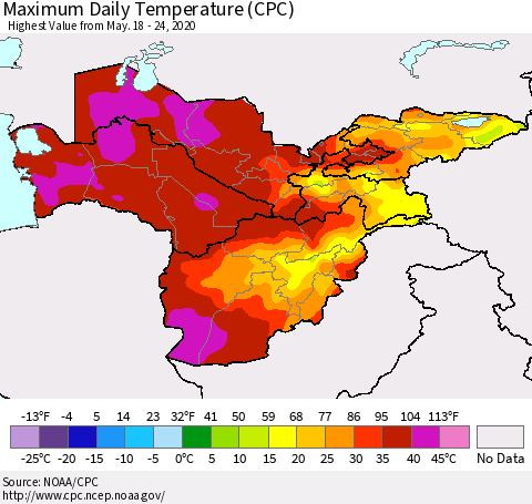 Central Asia Maximum Daily Temperature (CPC) Thematic Map For 5/18/2020 - 5/24/2020