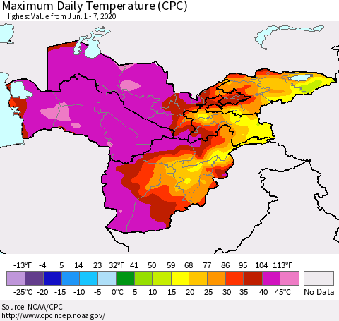 Central Asia Maximum Daily Temperature (CPC) Thematic Map For 6/1/2020 - 6/7/2020