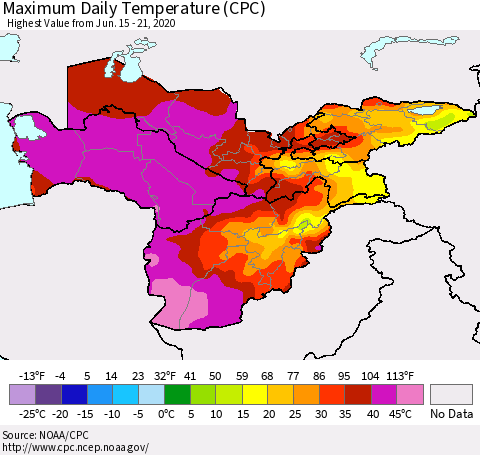 Central Asia Maximum Daily Temperature (CPC) Thematic Map For 6/15/2020 - 6/21/2020