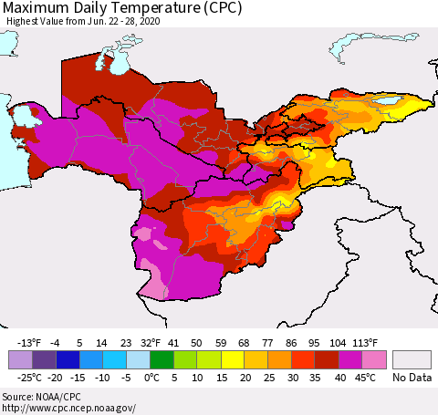 Central Asia Maximum Daily Temperature (CPC) Thematic Map For 6/22/2020 - 6/28/2020