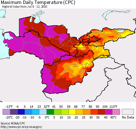 Central Asia Maximum Daily Temperature (CPC) Thematic Map For 7/6/2020 - 7/12/2020