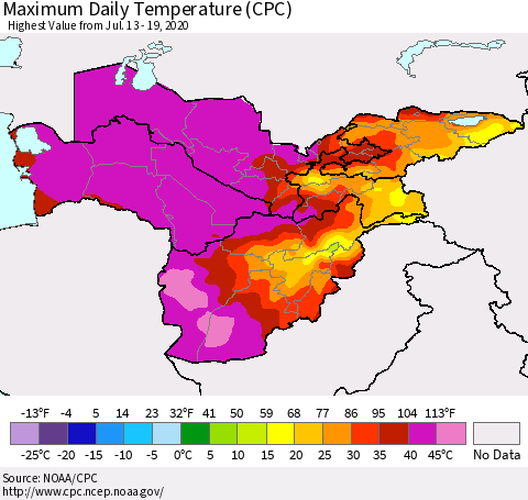 Central Asia Maximum Daily Temperature (CPC) Thematic Map For 7/13/2020 - 7/19/2020