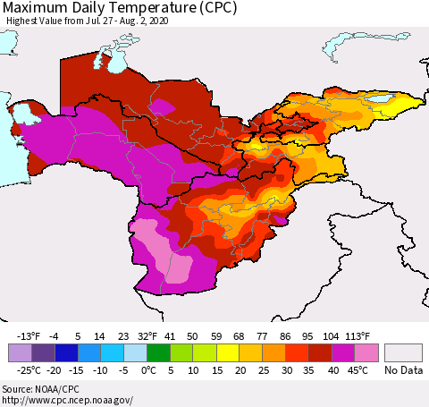 Central Asia Maximum Daily Temperature (CPC) Thematic Map For 7/27/2020 - 8/2/2020