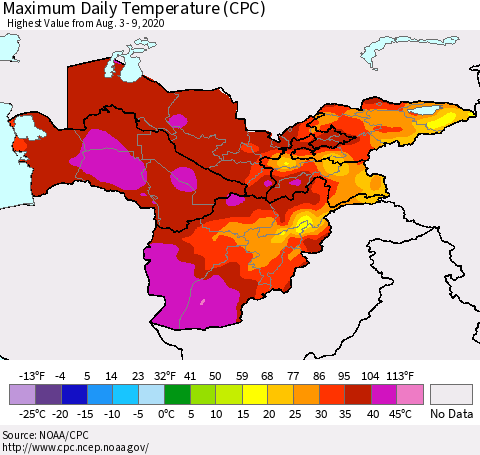Central Asia Maximum Daily Temperature (CPC) Thematic Map For 8/3/2020 - 8/9/2020