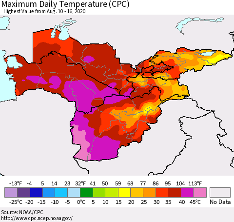 Central Asia Maximum Daily Temperature (CPC) Thematic Map For 8/10/2020 - 8/16/2020