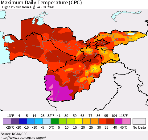 Central Asia Maximum Daily Temperature (CPC) Thematic Map For 8/24/2020 - 8/30/2020