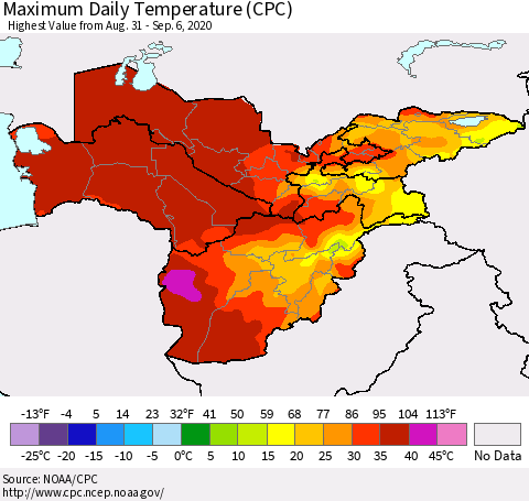 Central Asia Maximum Daily Temperature (CPC) Thematic Map For 8/31/2020 - 9/6/2020