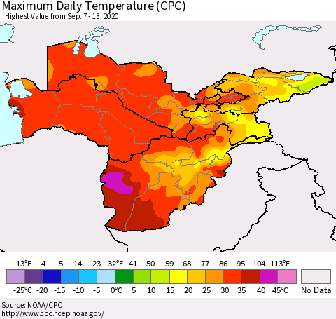 Central Asia Maximum Daily Temperature (CPC) Thematic Map For 9/7/2020 - 9/13/2020
