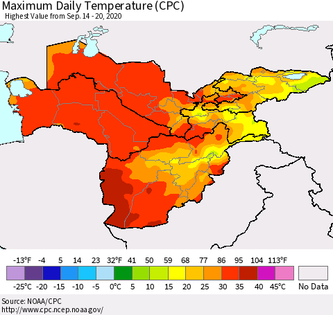 Central Asia Maximum Daily Temperature (CPC) Thematic Map For 9/14/2020 - 9/20/2020