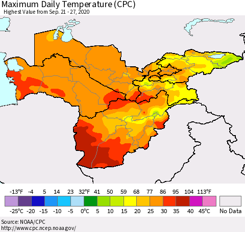 Central Asia Maximum Daily Temperature (CPC) Thematic Map For 9/21/2020 - 9/27/2020
