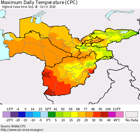 Central Asia Maximum Daily Temperature (CPC) Thematic Map For 9/28/2020 - 10/4/2020