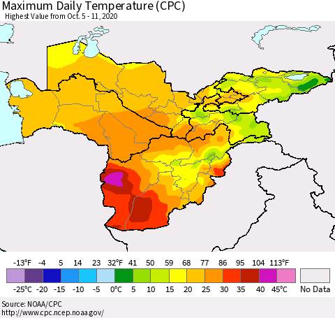 Central Asia Maximum Daily Temperature (CPC) Thematic Map For 10/5/2020 - 10/11/2020