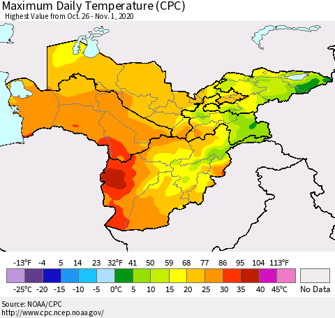 Central Asia Maximum Daily Temperature (CPC) Thematic Map For 10/26/2020 - 11/1/2020