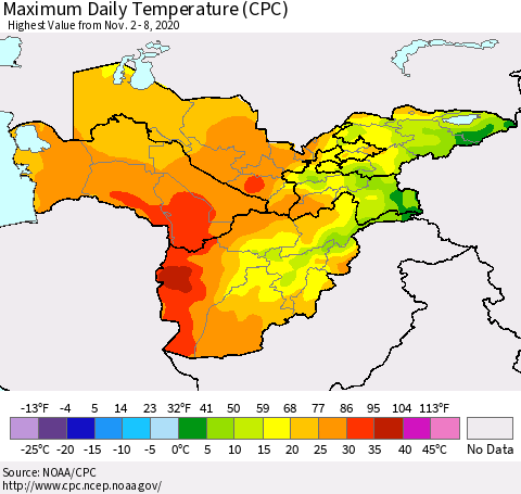 Central Asia Maximum Daily Temperature (CPC) Thematic Map For 11/2/2020 - 11/8/2020
