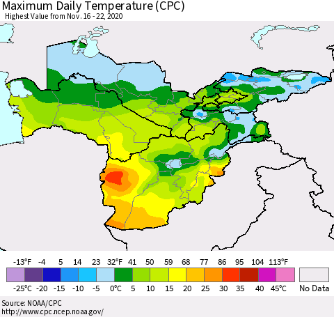Central Asia Maximum Daily Temperature (CPC) Thematic Map For 11/16/2020 - 11/22/2020