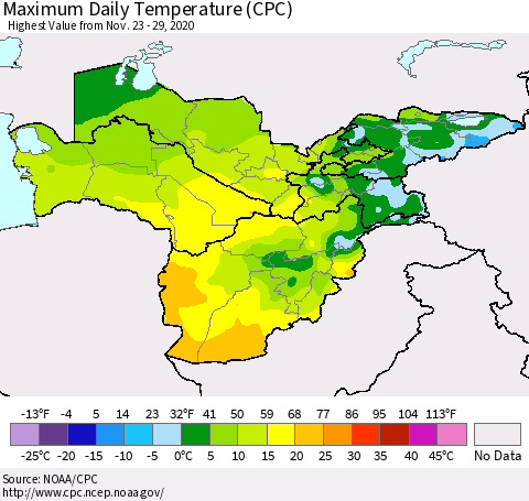 Central Asia Maximum Daily Temperature (CPC) Thematic Map For 11/23/2020 - 11/29/2020