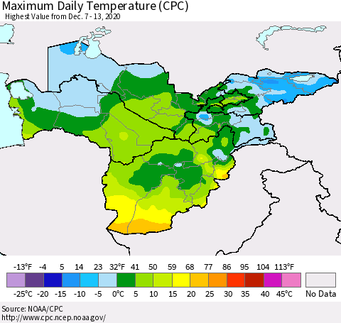 Central Asia Maximum Daily Temperature (CPC) Thematic Map For 12/7/2020 - 12/13/2020