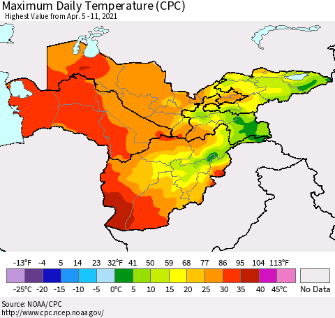 Central Asia Maximum Daily Temperature (CPC) Thematic Map For 4/5/2021 - 4/11/2021