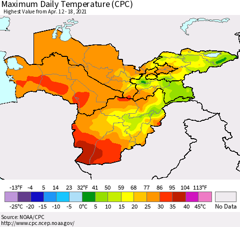 Central Asia Maximum Daily Temperature (CPC) Thematic Map For 4/12/2021 - 4/18/2021