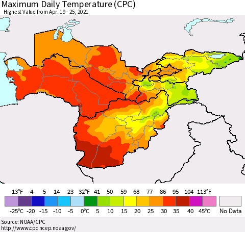 Central Asia Maximum Daily Temperature (CPC) Thematic Map For 4/19/2021 - 4/25/2021