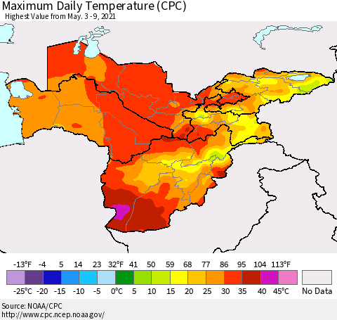 Central Asia Maximum Daily Temperature (CPC) Thematic Map For 5/3/2021 - 5/9/2021