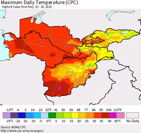 Central Asia Maximum Daily Temperature (CPC) Thematic Map For 5/10/2021 - 5/16/2021