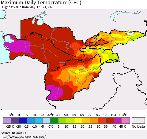 Central Asia Maximum Daily Temperature (CPC) Thematic Map For 5/17/2021 - 5/23/2021