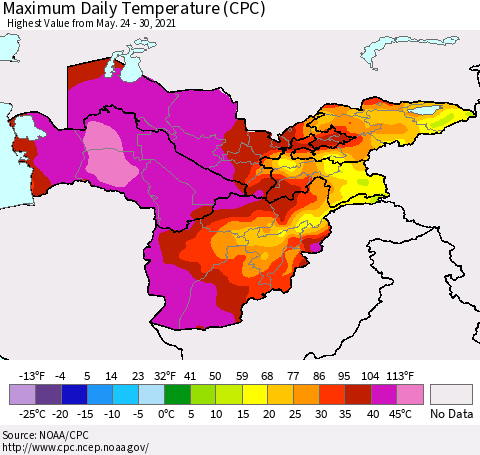 Central Asia Maximum Daily Temperature (CPC) Thematic Map For 5/24/2021 - 5/30/2021