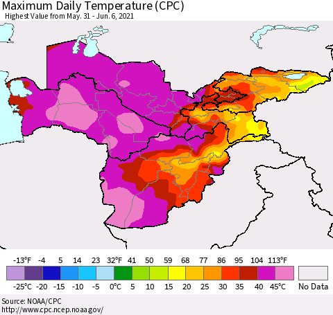 Central Asia Maximum Daily Temperature (CPC) Thematic Map For 5/31/2021 - 6/6/2021