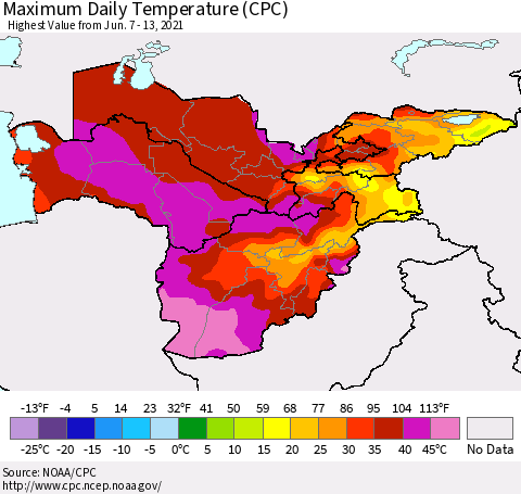 Central Asia Maximum Daily Temperature (CPC) Thematic Map For 6/7/2021 - 6/13/2021