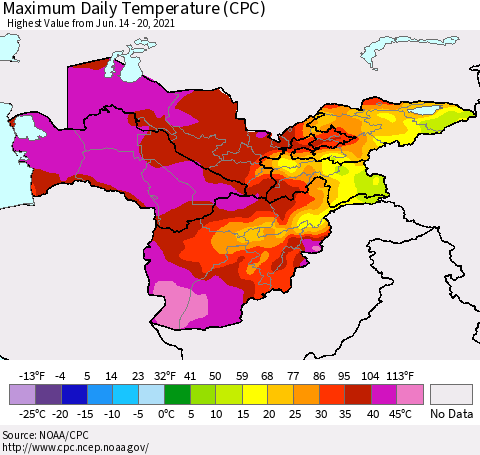 Central Asia Maximum Daily Temperature (CPC) Thematic Map For 6/14/2021 - 6/20/2021