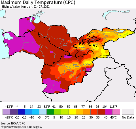 Central Asia Maximum Daily Temperature (CPC) Thematic Map For 6/21/2021 - 6/27/2021