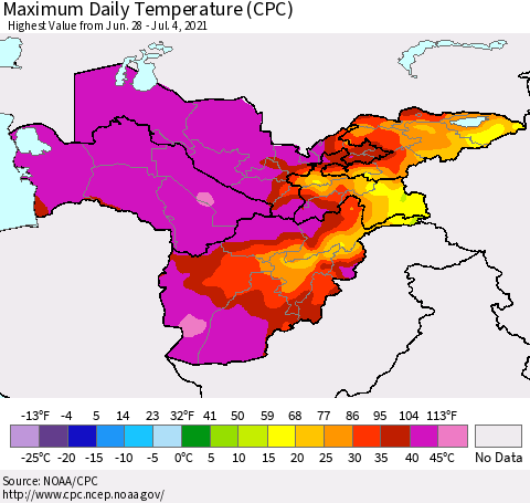 Central Asia Maximum Daily Temperature (CPC) Thematic Map For 6/28/2021 - 7/4/2021