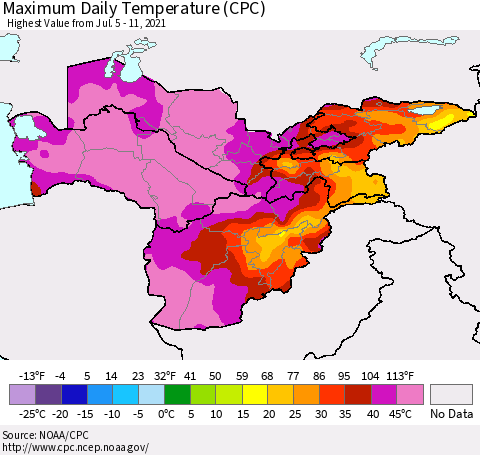 Central Asia Maximum Daily Temperature (CPC) Thematic Map For 7/5/2021 - 7/11/2021