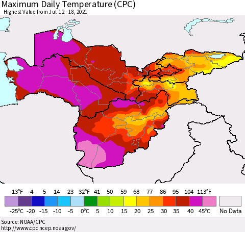 Central Asia Maximum Daily Temperature (CPC) Thematic Map For 7/12/2021 - 7/18/2021