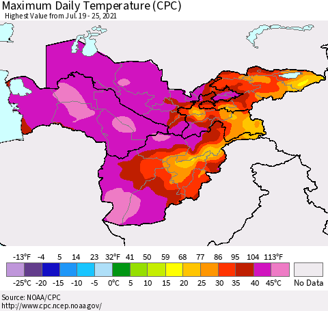 Central Asia Maximum Daily Temperature (CPC) Thematic Map For 7/19/2021 - 7/25/2021