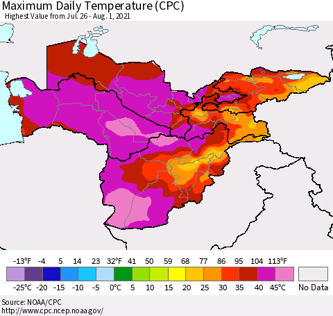 Central Asia Maximum Daily Temperature (CPC) Thematic Map For 7/26/2021 - 8/1/2021